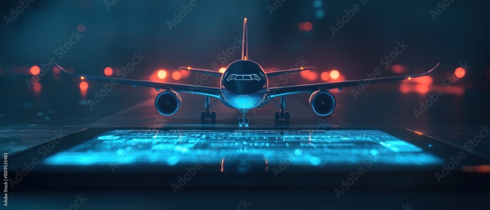 Poster a model airplane in front of a tablet displaying digital data, suggesting aviation technology.