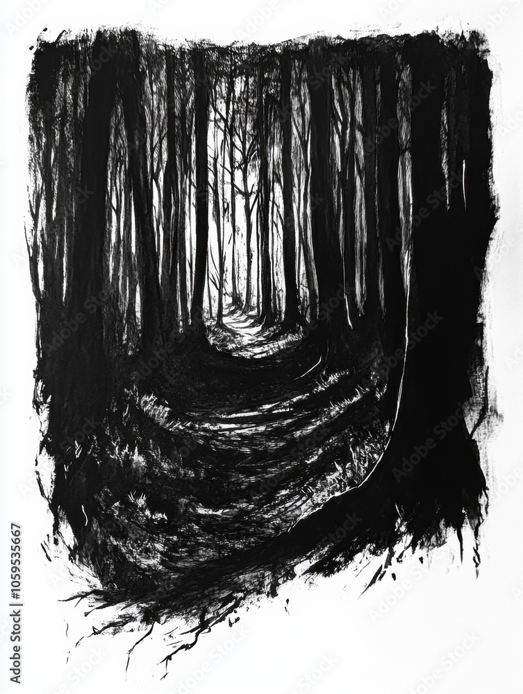 Poster A dense forest path appears illuminated by soft light, with intricate tree details and deep shadows enhancing the mysterious atmosphere. Generative AI