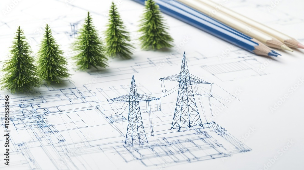 Poster a blueprint featuring power lines and miniature trees, symbolizing infrastructure and environment.