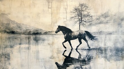 A Black Pen Drawing of a Horse Running Near a Tranquil Lake and Tree. Generative AI