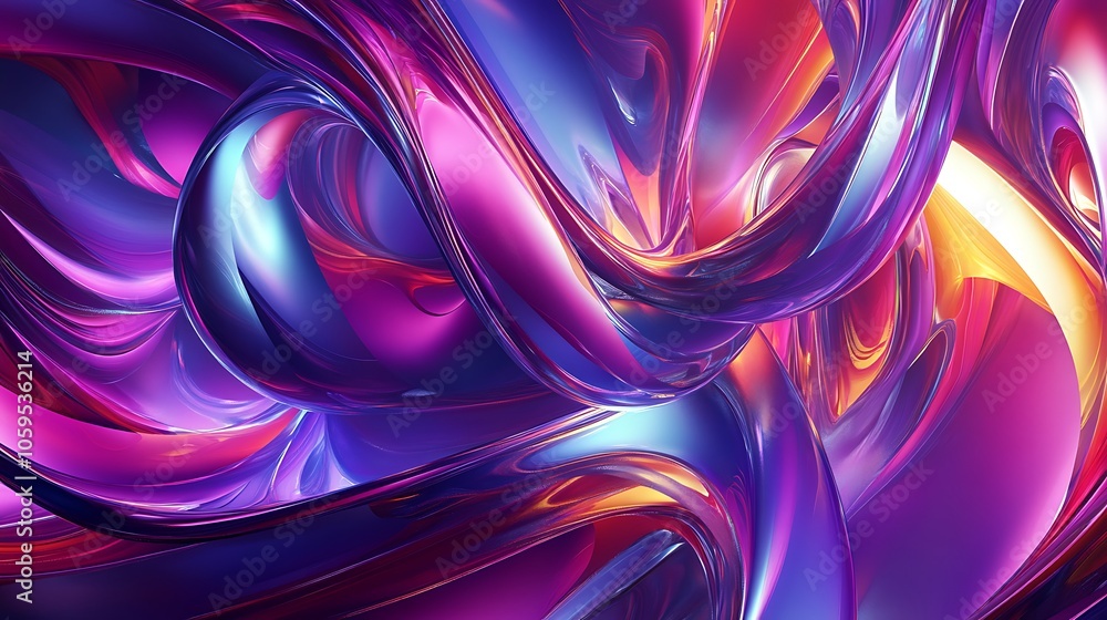 Poster a 3d abstract background with swirling, ribbon-like structures in bright, iridescent colors