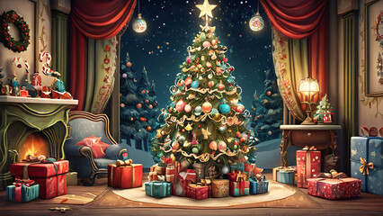 Fototapeta premium Indoor decorated christmas tree with wrapped present boxes