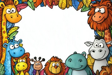 Obraz premium Colorful cartoon animals with a leafy border for children's themes.