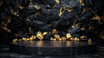 Fototapeta premium Black Marble Podium with Gold Rocks 3D Illustration