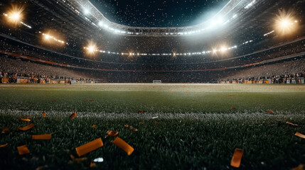 Illuminated sports stadium filled with a large crowd, colorful confetti covers the field, highlighting a vibrant and festive atmosphere during an event or game at night.
