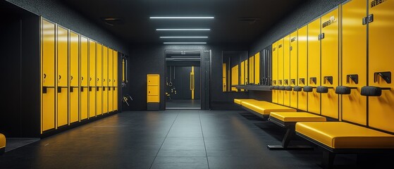 Modern locker room interior with yellow lockers, black walls, and benches.