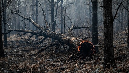 Fototapeta na wymiar Charred fallen tree in misty forest somber atmosphere