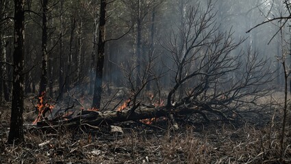Charred fallen tree in misty forest somber atmosphere