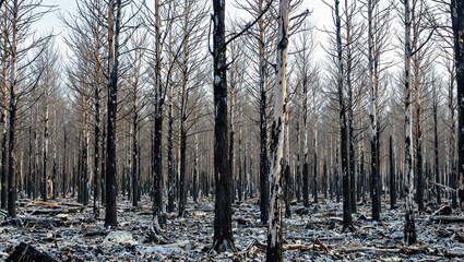 Eerie scene of bare blackened trees in ash covered grove
