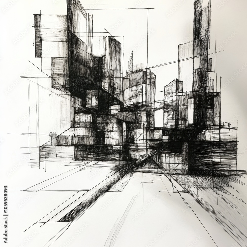 Poster an abstract representation of an urban environment using black ink, showcasing complex geometric for