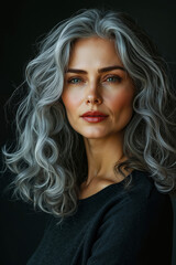 Fototapeta premium A woman with long gray hair is posing for a picture