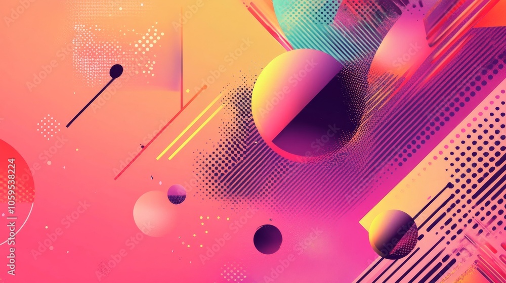 Poster Vibrant abstract composition featuring geometric shapes and dynamic patterns in a colorful gradient background