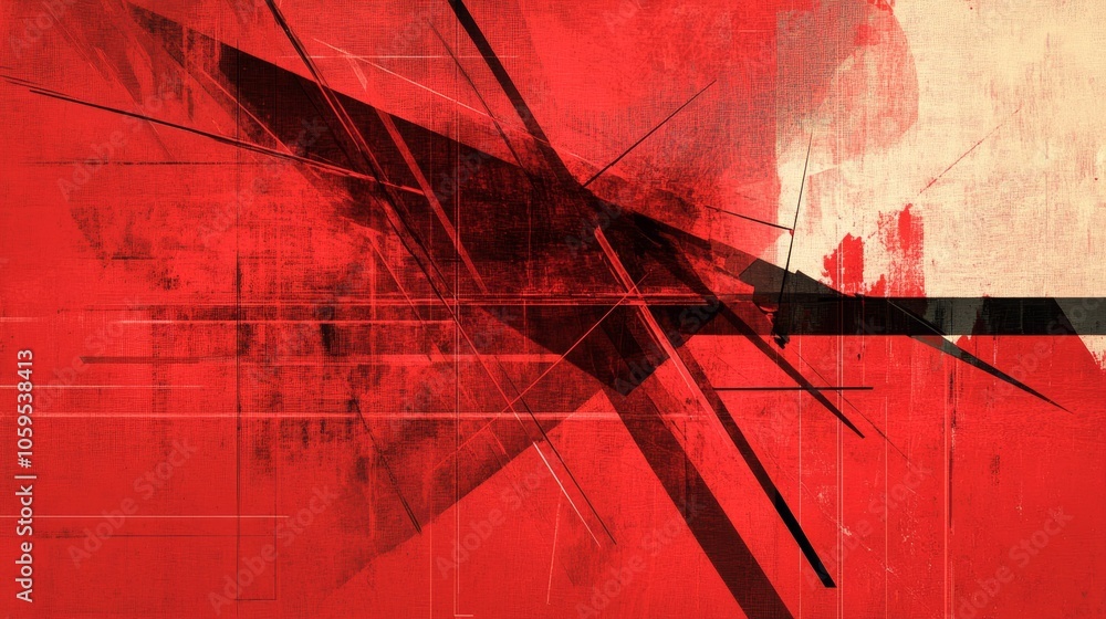 Poster dynamic abstract composition in bold red tones with geometric elements and striking lines