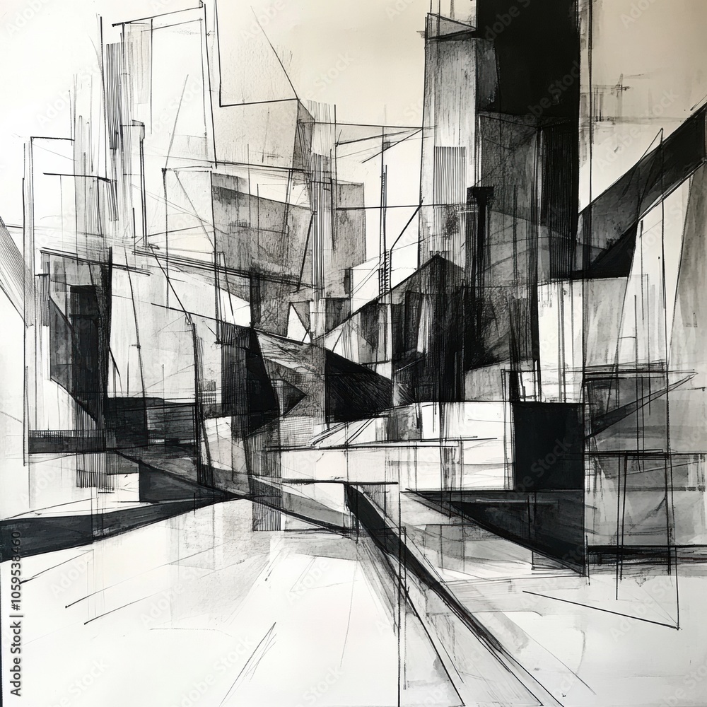 Poster this artwork features an abstract urban landscape composed of interconnected lines and shapes, creat