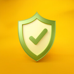 Shield with tick or checkmark symbol on yellow background. Cybersecurity, insurance, protection