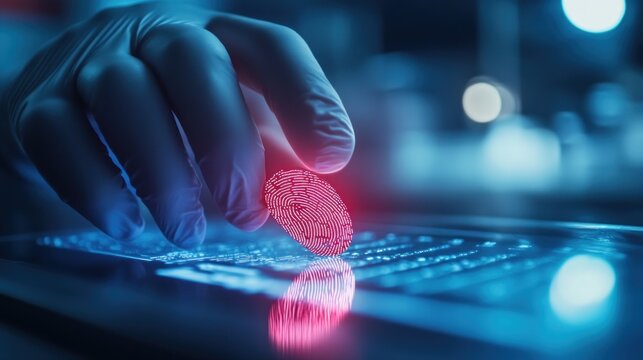 A gloved hand places a red fingerprint on a digital interface, symbolizing security and technology.