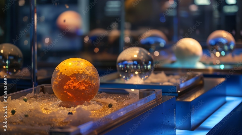 Poster model of the planet venus is displayed in a museum, glowing brightly under warm light. the model is 
