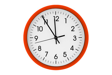 Orange watch, wall clock 11 hours 45 minutes on isolated or white background close up