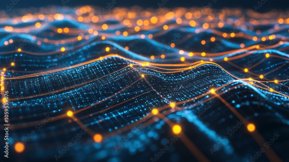 Poster exploring the dynamic interaction of data waves in a vibrant digital landscape