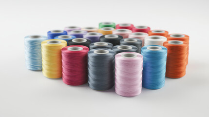 Stock photo of assorted colorful thread spools, ideal for sewing, crafting, and custom clothing projects.
