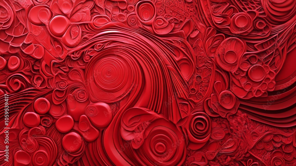 Poster exploring the depths of texture and emotion a red abstract composition of fluid forms and patterns