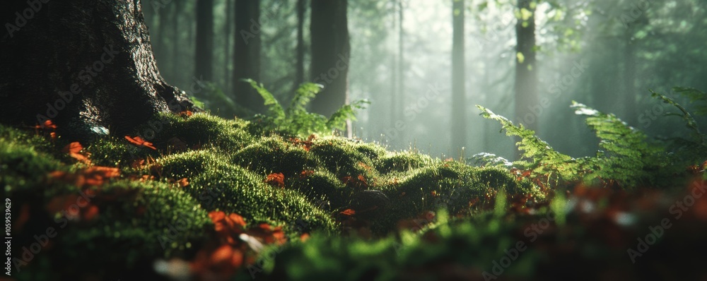 Poster close-up of moss in forest environment for nature and ecology concepts generative ai