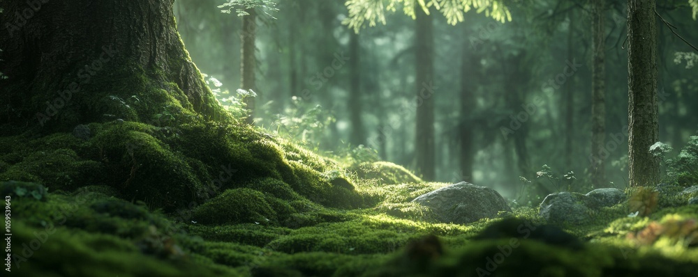 Poster close-up of moss in forest environment for nature and ecology concepts generative ai