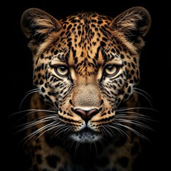 A close up of a leopard's face with a black background. The leopard's eyes are open and staring straight ahead