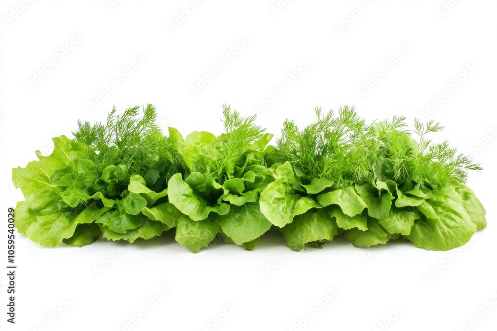 Poster A vibrant display of fresh lettuce with sprigs of dill and basil arranged harmoniously, emphasizing the freshness and quality of the herbs. Generative AI