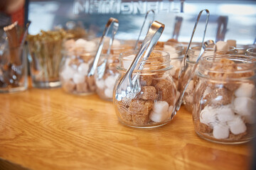Lump sugar in sugars in the restaurant. Catering and event preparation.