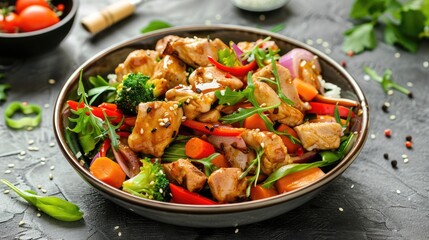 Chicken stir-fry with vegetables on gray table, Asian dish
