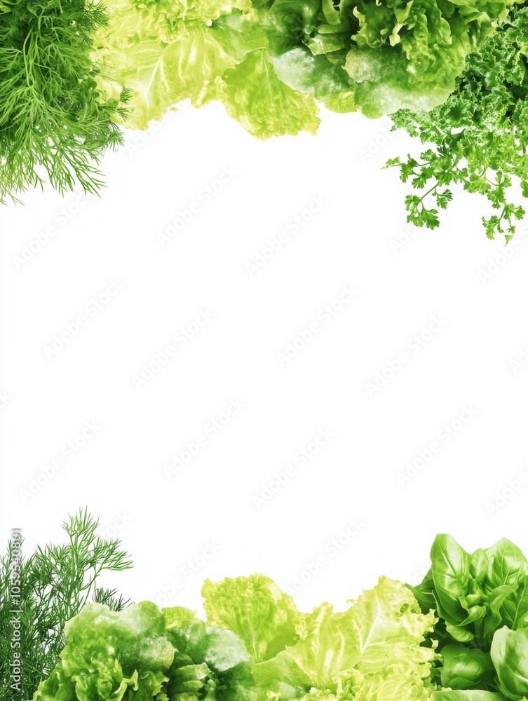 Poster A vibrant assortment of freshly picked lettuce leaves, fragrant dill, and aromatic basil is artistically displayed on a clean background. Generative AI