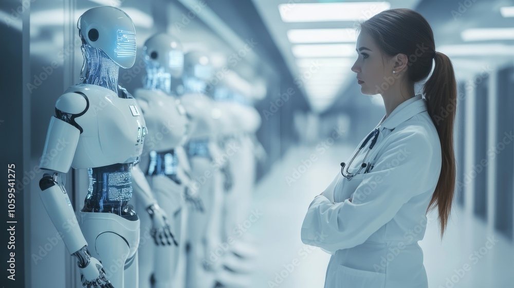 Poster exploring the future of healthcare a doctor’s encounter with advanced robotics in a high-tech enviro