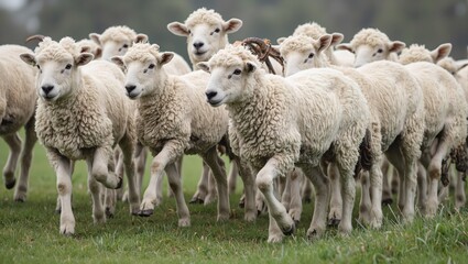Fototapeta premium Sheep hopping in sync wool bouncing playfully
