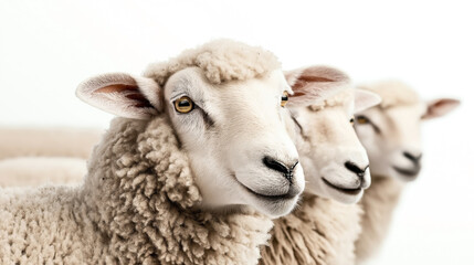 Fototapeta premium Close-up of three sheep with fluffy wool and large ears against a white background