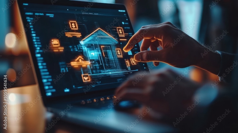Poster a hand interacts with a digital interface showcasing a house and smart technology features.