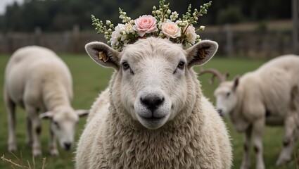 Obraz premium Regal sheep wearing flower crown in field