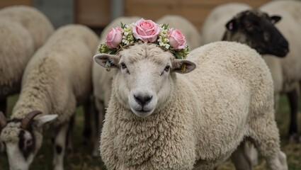 Fototapeta premium Regal sheep wearing flower crown in field