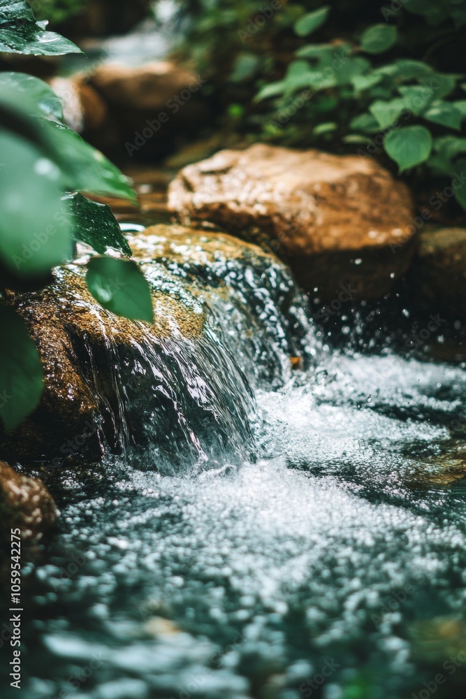 Poster close-up of natural spring water in a stream for refreshment and hydration generative ai