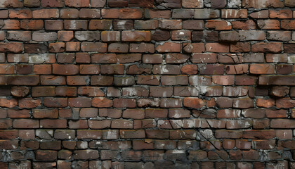 Obraz premium Close-up of a weathered brick wall showcasing a blend of reddish-brown hues and natural texture variations.