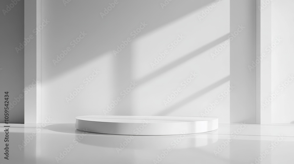 Poster minimalist white display platform in bright modern space with subtle shadow play