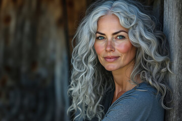 Naklejka premium A woman with long gray hair leaning against a wooden wall