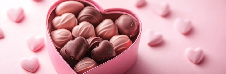 Fototapeta premium Pastel Pink Heart-Shaped Box of Chocolates on Pastel Pink Background, Valentine's Day Gift Generative AI