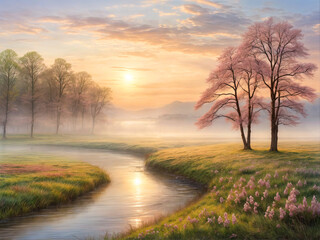 Fototapeta premium The morning sun rises gently over a tranquil river, illuminating the mist and pink blossoms of nearby trees, creating a peaceful atmosphere