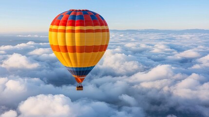 Obraz premium Inspiration travel background with colorful hot air balloon soaring above clouds in a blue sky. selective focus on foreground, copy space for text, ultra HD,