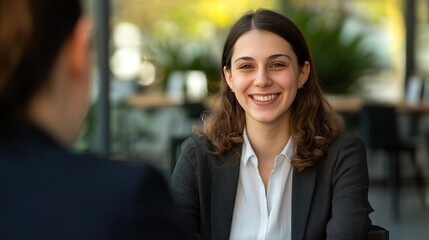 Obraz premium Cheerful young woman converses with a friend at an outdoor cafe terrace during a business meeting. selective focus on foreground, copy space for text, ultra HD,