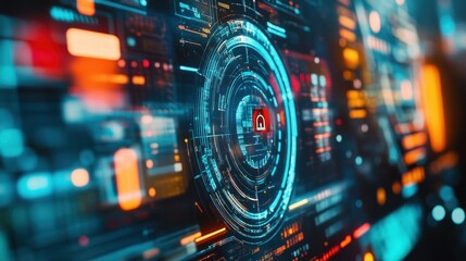 Obraz premium Abstract digital interface with circular patterns and vibrant colors, suggesting technology themes.