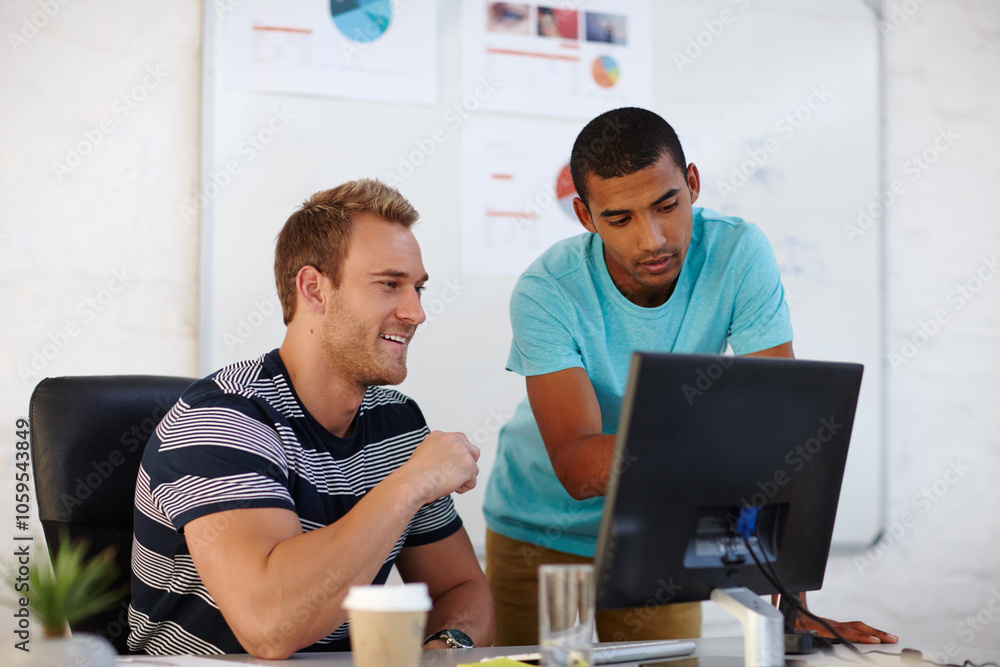 Poster Business, men and helping on computer in office for webpage layout, website development and coaching. Web designer, collaboration and happy employees at desk with design briefing and SEO optimization