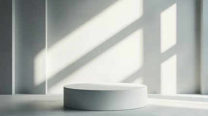 Fototapeta premium Minimalist interior design featuring a circular platform bathed in natural light and shadow play