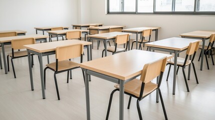 Empty Classroom with Desks and Chairs